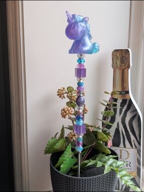"Reserved For Britt"Beaded Fairy Wand/Plant/Garden Stake W/Resin Unicorn Topper